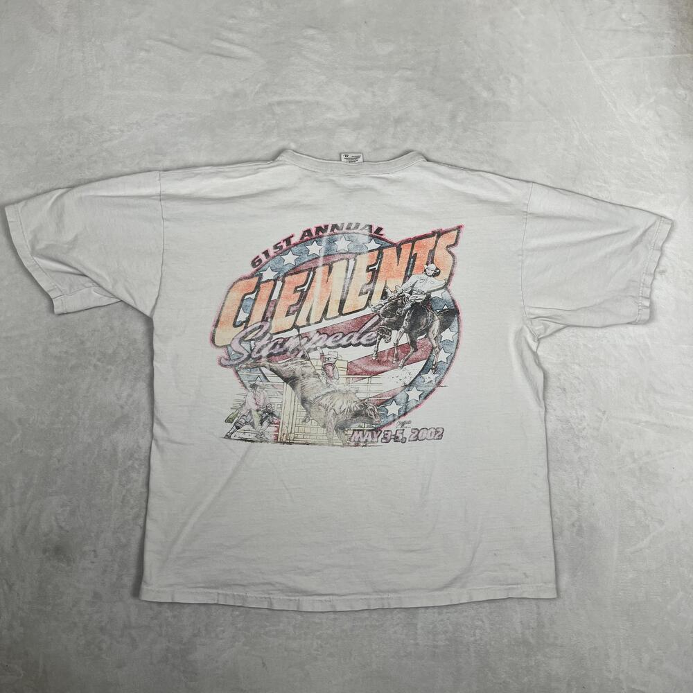 Vintage Clements Stampede T-Shirt Mens XL White 2002 Rodeo Henley Double Sided